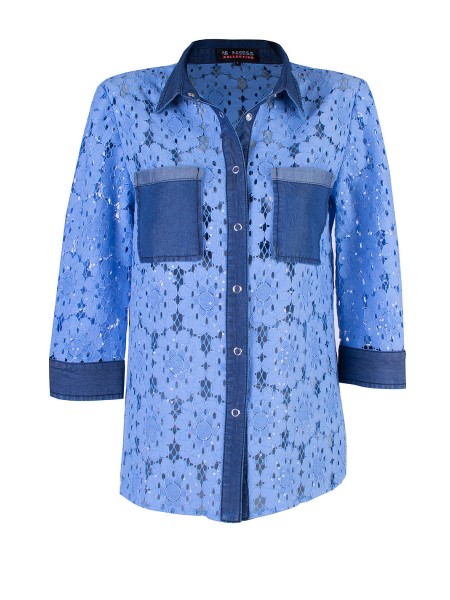 Luxury Women's Blue Cotton Lace Shirt with Tencel 2122 / 2024