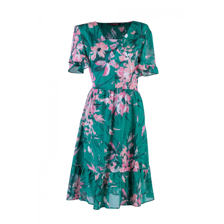 Rochie florală verde aerisită cu volane 24162 / 2024