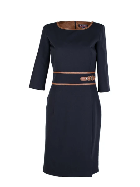 Елегантна Черна Рокля с Кожа в Цвят Camel 25516 / 2025 Елегантна Черна Рокля с Кожа в Цвят Camel 25516 / 2025