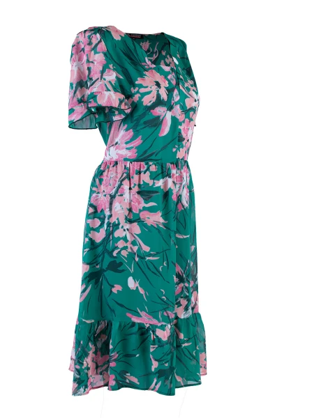 Ефирна Зелена Флорална Рокля с Волани 24162 / 2024 Ефирна Зелена Флорална Рокля с Волани 24162 / 2024