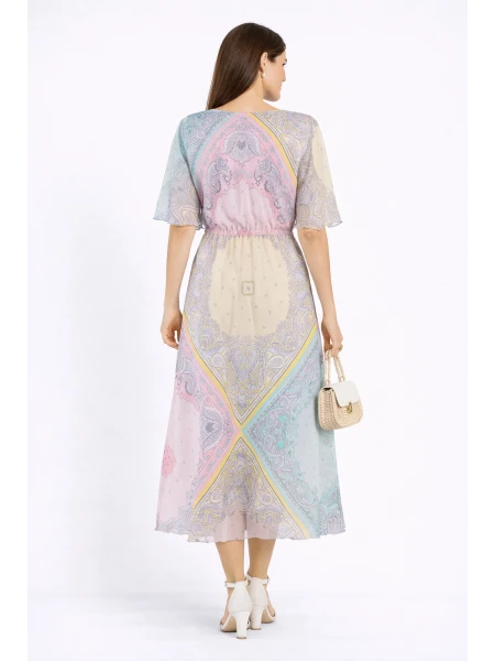 Разноцветна шифонена рокля с регулируеми ръкави 24152 / 2024 Разноцветна шифонена рокля с регулируеми ръкави 24152 / 2024