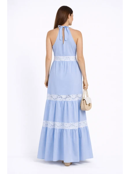 Лятна светло синя рокля с бяла дантела 24154 / 2024 Лятна светло синя рокля с бяла дантела 24154 / 2024